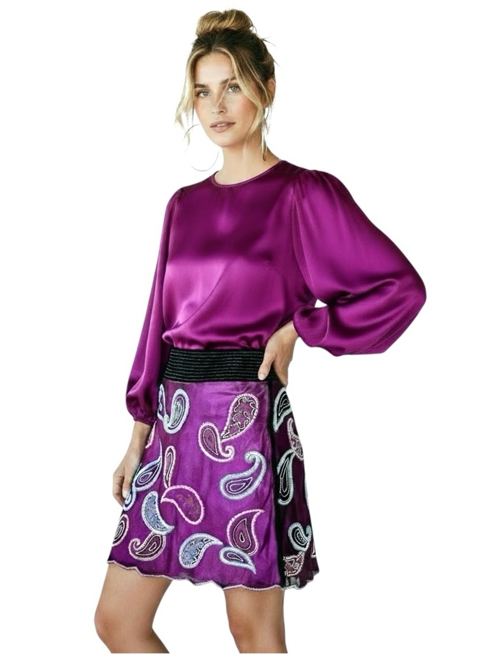 Kay Unger Skirt Beaded Mesh Paisley Line Satin Pink Blue Scalloped Sz 12